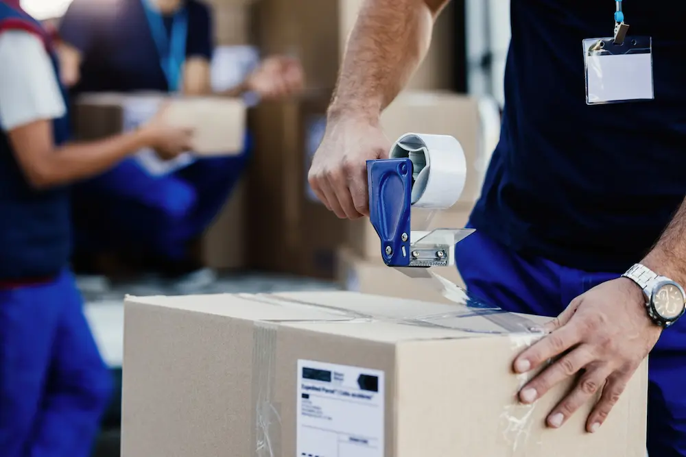 gros plan du livreur fermant boite carton bande tout preparant colis pour - Boutique Sans Permis